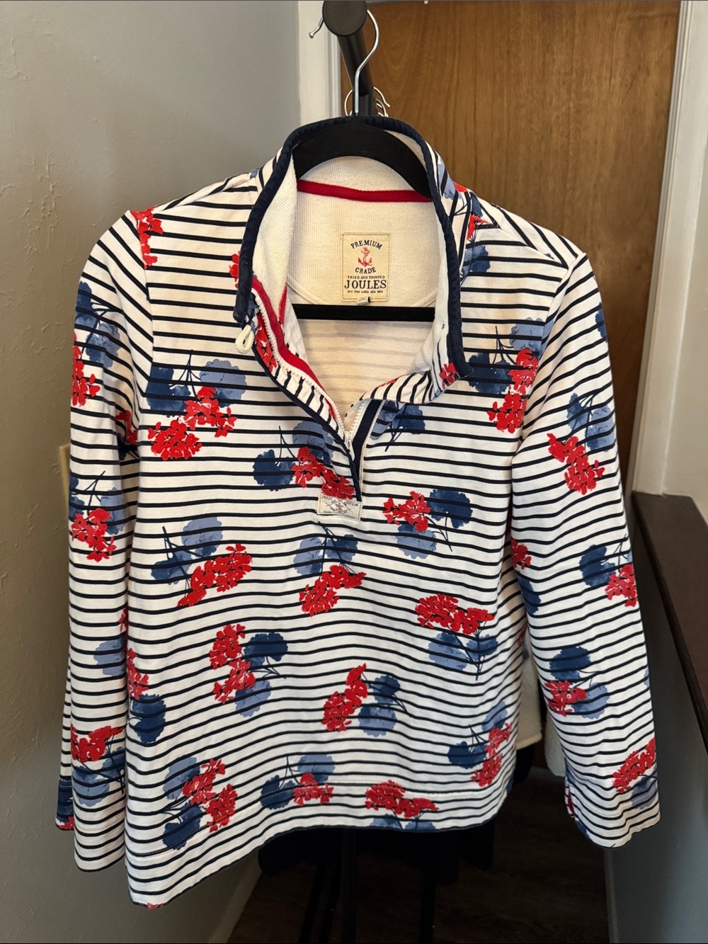 Joules White Navy Striped Half-Zip Top with Red & Blue Floral Print